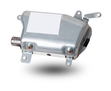 Arabanın yan tarafındaki hava yastığından beyaz izole edilmiş arka planda yedek parça ve iç öğe. Otomobil hizmet endüstrisi.