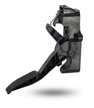 Araba servisinde satılık bir fotoğraf stüdyosunda beyaz izole edilmiş arka planda gaz pedalı. Atölyedeki tadilat sırasında yedek parça olarak siyah otomobil. Yedek parça hurdalığı.