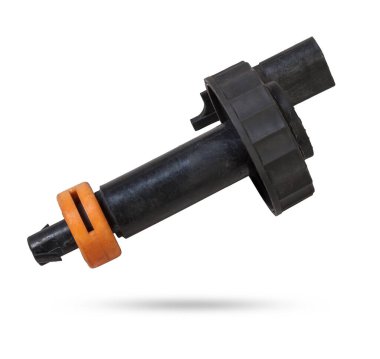 Fren sıvısı deposu kapağı beyaz yalıtılmış arka planda seviye göstergesi var. Otomobiller için yedek parça kataloğu.