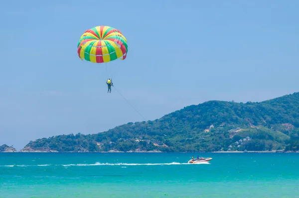 Beautiful Patong Beach Phuket Thailand Colorful Parachute White Sand Turquoise — Stock Photo, Image