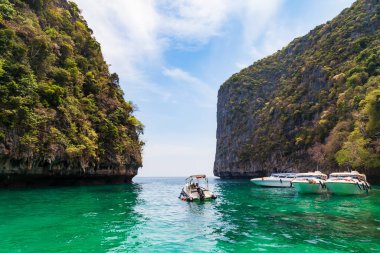 Tayland 'da Phi Pi Leh Adası' nda rıhtım ya da iskele. Güneşli bir günde Maya Körfezi yakınlarında tekneler ve turistlerle. Seyahat ve tatil.