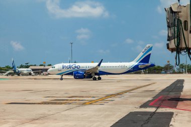 Thailand, Phuket - 04.05.23: Passenger aircraft Airbus A320 neo indian airlines indigo at the airport of thailand, phuket clipart