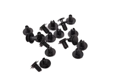 Araba süsleme parçaları takmak için siyah plastik klipsler. Araçlar için yedek parça kataloğu.