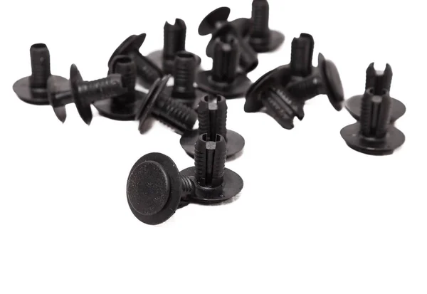 Black Plastic Clips Attaching Car Trim Parts Catalog Spare Parts — Stock Photo, Image