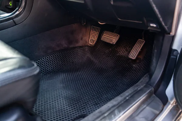 Close Clean Black Rubber Auto Mat Passenger Seat Old Russian — Stock Photo, Image