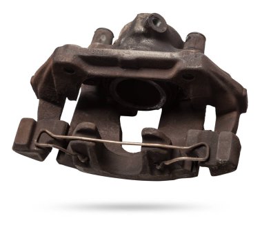 Eski metal fren kalibreli beyaz arka planda şasinin onarımı sırasında ya da yedek parça kataloğu için otomatik ayrıştırma.