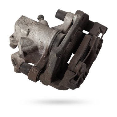 Eski metal fren kalibreli beyaz arka planda şasinin onarımı sırasında ya da yedek parça kataloğu için otomatik ayrıştırma.