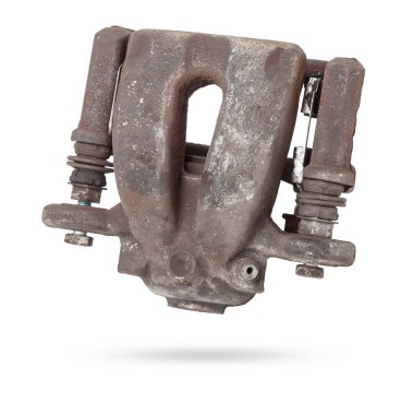 Eski metal fren kalibreli beyaz arka planda şasinin onarımı sırasında ya da yedek parça kataloğu için otomatik ayrıştırma.