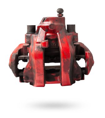 Eski kırmızı metal fren ayarlayıcısı, şasinin tamiri sırasında veya yedek parça kataloğu için otomatik ayrıştırma için beyaz arkaplan üzerinde.