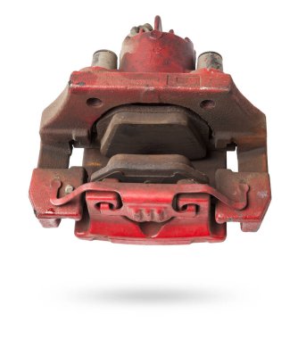 Eski kırmızı metal fren ayarlayıcısı, şasinin tamiri sırasında veya yedek parça kataloğu için otomatik ayrıştırma için beyaz arkaplan üzerinde.