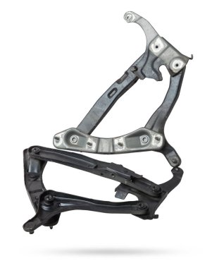 Arabanın kaputunu ya da bagajını beyaz izole bir arka plana bağlamak için bir çift menteşe. Araçların katalog ve onarımı için otomobil parçaları.