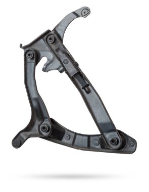 Arabanın kaputunu ya da bagajını beyaz izole bir arka plana bağlamak için bir çift menteşe. Araçların katalog ve onarımı için otomobil parçaları.