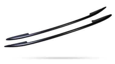 Beyaz izole edilmiş bir arka planda bir arabanın çatısına bagaj yerleştirmek için bir çift siyah çatı rayı. Yedek parça kataloğu.