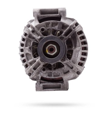 Araba jeneratörü, beyaz arka planda araba elektrik şebekesi, jeneratör detayları. Tamir için yedek yedek parça.