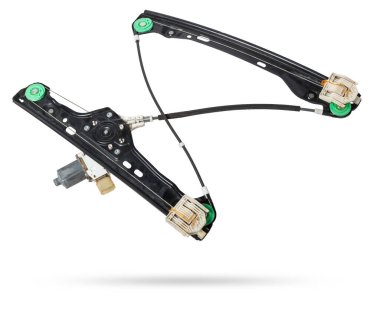 Beyaz izole edilmiş arka plandaki bir araba için elektrikli pencere mekanizması motoru. Otomotiv yedek parça kataloğu