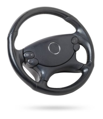 Araba ve kamyonun direksiyonu beyaz arka planda izole edilmiş. Otomobil parçası ya da ekipman. Yuvarlak modern tarz siyah deri ve alüminyumdan oluşur. Sürücünün sürücü kontrolü ve ayarları için.