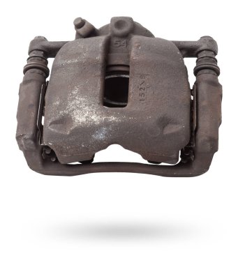 Eski metal fren kalibreli beyaz arka planda şasinin onarımı sırasında ya da yedek parça kataloğu için otomatik ayrıştırma.