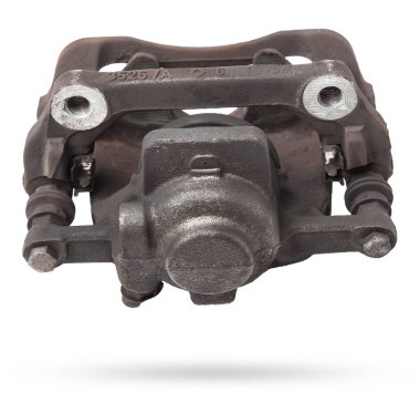 Eski metal fren kalibreli beyaz arka planda şasinin onarımı sırasında ya da yedek parça kataloğu için otomatik ayrıştırma.