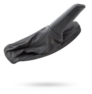 Pahalı bir Alman otomobilinin krom elementli beyaz saplı fren kolu bir atölyede arabanın fren sistemini tamir etmek için izole edilmiş bir fotoğraf stüdyosunun arka planında..