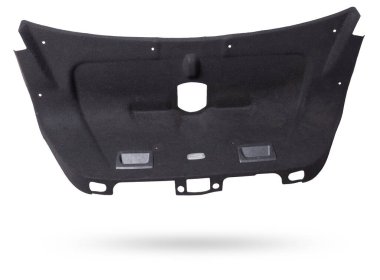 Bir araba gövdesinin gövdesi - bir atölyede değiştirmek ya da satmak için bir fotoğraf stüdyosunun beyaz izole arka planında siyah kumaştan yapılmış bagaj.