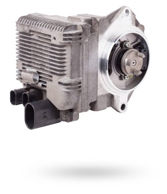 Beyaz izole edilmiş arka planda elektrikli direksiyon. Araçlar için yedek parça kataloğu.