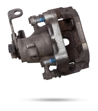 Eski metal fren kalibreli beyaz arka planda şasinin onarımı sırasında ya da yedek parça kataloğu için otomatik ayrıştırma.