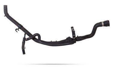 Araba motoru soğutma sisteminin siyah plastik hortumu tamir sırasında ya da yedek parça kataloğunda otomatik sökülmesi için bir fotoğraf stüdyosundaki beyaz izole arka planda..