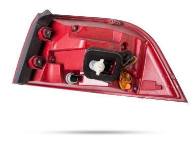 Beyaz izole edilmiş arka planda, beyaz ve kırmızı renkli bir Alman oto-optik ekipmanı için stop sinyalinin stop lambası. Bir araba hizmet merkezinde tamir ve satış için yedek parça..