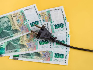 100 tane Bulgar lev banknotunun üzerinde siyah elektrik prizi var. Bulgaristan 'da enerji fiyatlarında artış. Elektrik maliyetlerinin artması, güç krizi, enflasyon kavramları. Elektrik faturaları. Üst görünüm.
