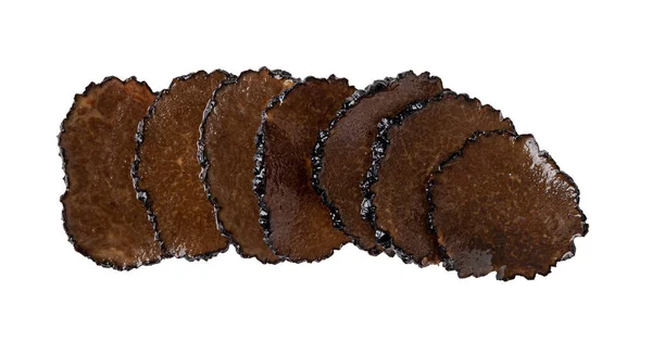 stock image Row of black truffle slices in oil cutout. Truffle carpaccio isolated on a white background. Canned Tuber melanosporum slices macro. Delicacy mushroom for gourmet ingredient taste. Top view.