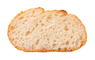 Bir dilim beyaz buğday ekmeği yakın plan kesim. Beyaz arka planda izole edilmiş kepekli ekmek kamburu. Ekmek pişirme ev tarifi. Kalori ve karbonhidrat konsepti. Makro. Üst görünüm.