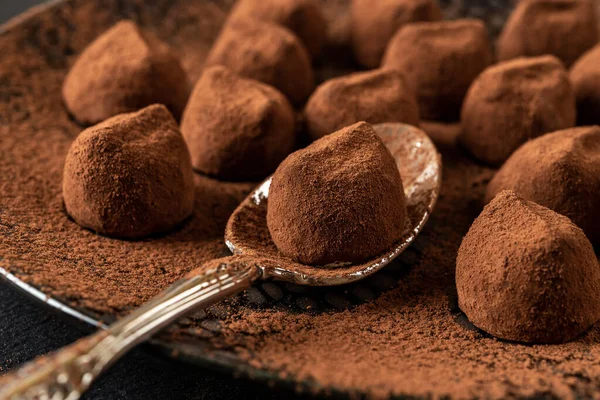 Dark Chocolate Truffle Spoon Macro Homemade Chocolate Confection Sprinkled Cocoa Imagen de stock