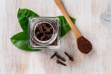 Beyaz ahşap bir yüzeye tüm toprak baharat saçar. İçinde karanfil tomurcukları ve tahta kaşıkta toz halinde baharat olan açık cam bir kavanoz. Baharat ve bitkisel ilaç kavramı. Üst görünüm.