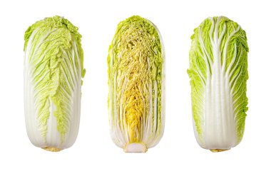 Napa lahanası bir bütün ve beyaz bir arka planda yarı izole kesilmiş. Çin lahanasının başı ve enine kesiti yakın plan. Sebze, vejetaryen yiyecekler, gıda tasarımı konsepti. Ön görünüm.