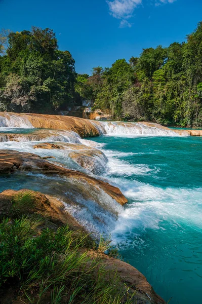 Cascadas Agua Azul Španělština Pro Blue Water Waterfall Řada Vodopádů — Stock fotografie