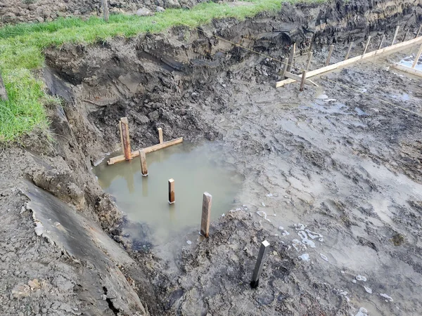 Flooded Trench Prepared Construction Foundations Obraz Stockowy