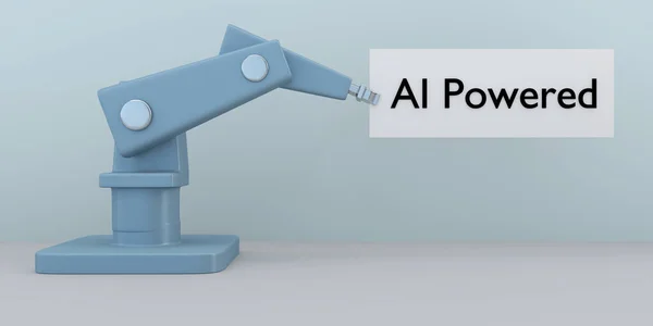 3D展示了一个手持标语牌的工业机器人 上面有Ai Powered文字 — 图库照片