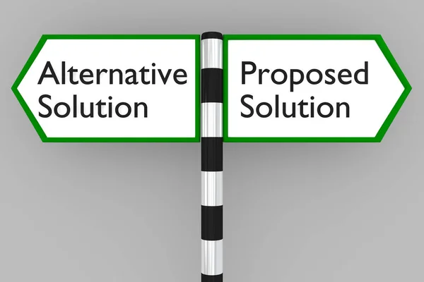3D illustration of two opposite road signs: Proposed Solution and Alternative Solution.