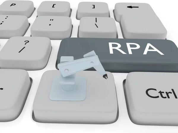 3D illustration of an industrial robot placed on a computer keyboard with the script RPA - the initials of Robotic Process Automation