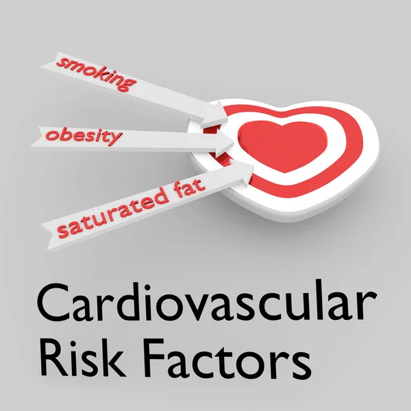 3d illustration of Cardiovascular Risk Factors below a target braiding board shaped as symbolic red heart, along with three arrows resmbing three main causes of disease: smoking, obesity and saturated fat.