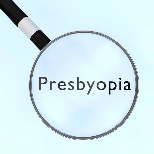 3D illustration of magnifying glass over the text Presbyopia, isolated over pale blue background