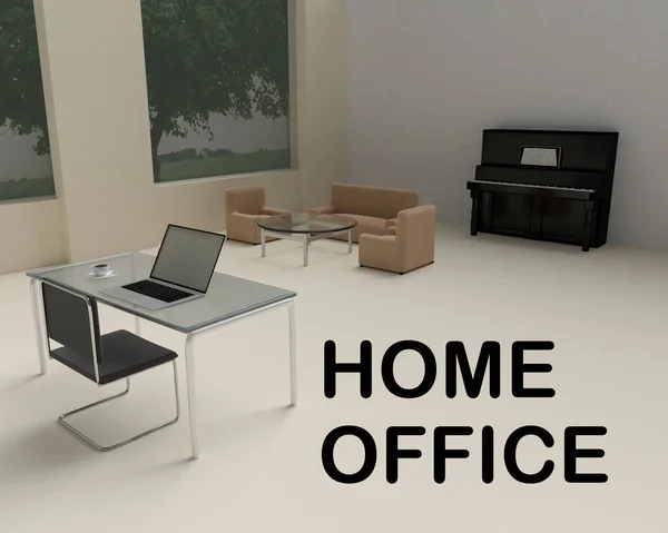 Illustration Bærbar Computer Placeret Skrivebord Stue Med Scriptet Home Office - Stock-foto
