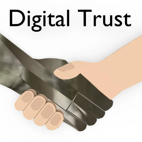 3D illustration of handshake beetween human hand and bionic hand, titled as Digital Trust.