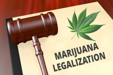 Marihuana Yasalaştırma başlığının ahşap dokuya izole edilmiş yasal bir belgeye üç boyutlu çizimi.