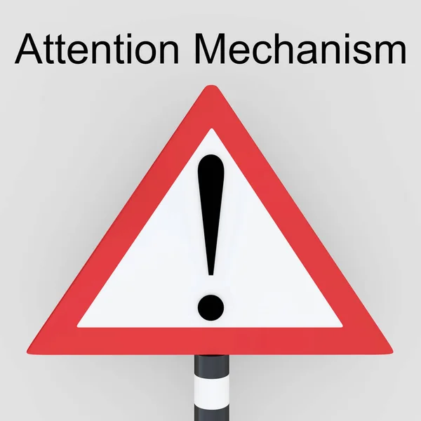 3D illustration of Attention Mechanism script above a road sign with an exclamation mark, isolated over gray background.