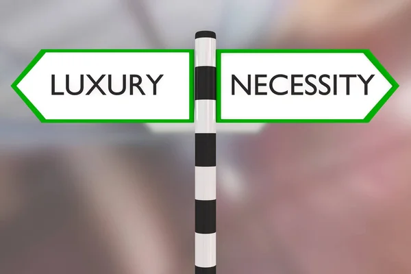 3D illustration of two opposite road signs: Luxury and Necessity.