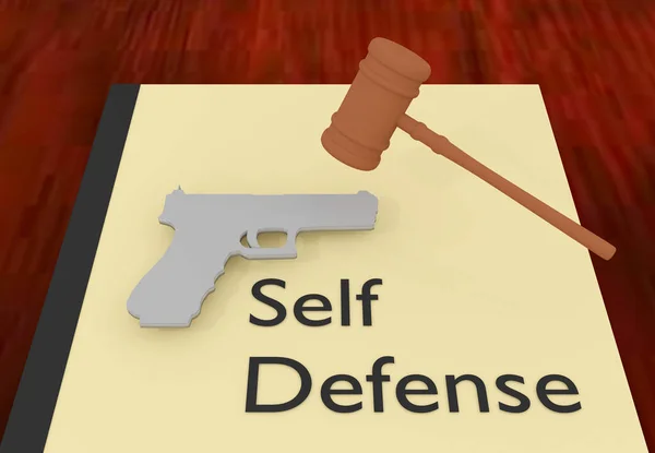 法的小冊子上の裁判官のギャルと自己防衛のタイトルの3Dイラスト 象徴的な銃と一緒に — ストック写真