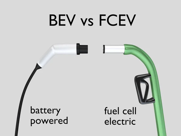 Bev対Fcevと題されたバッテリ駆動の給油ハンドルと燃料電池電動給油ハンドルの3Dイラスト — ストック写真