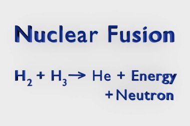 Bir hidrojen atomuyla döteryum atomunun birleşerek bir Helyum atomu ve protonu oluşturduğu ve enerjiyi serbest bıraktığı bir nükleer füzyon indiren kimyasal formülün 3 boyutlu çizimi..