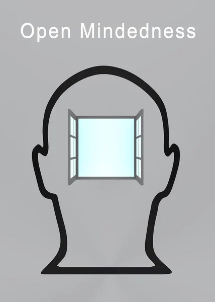 3D illustration of a symbolic open window in a head silhouette, titled as Open Mindedness.